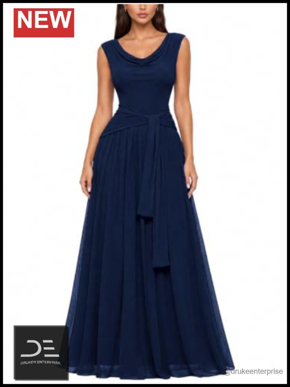 Cowl Neck Ruched Waist Tie Mesh Maxi Formal Dress